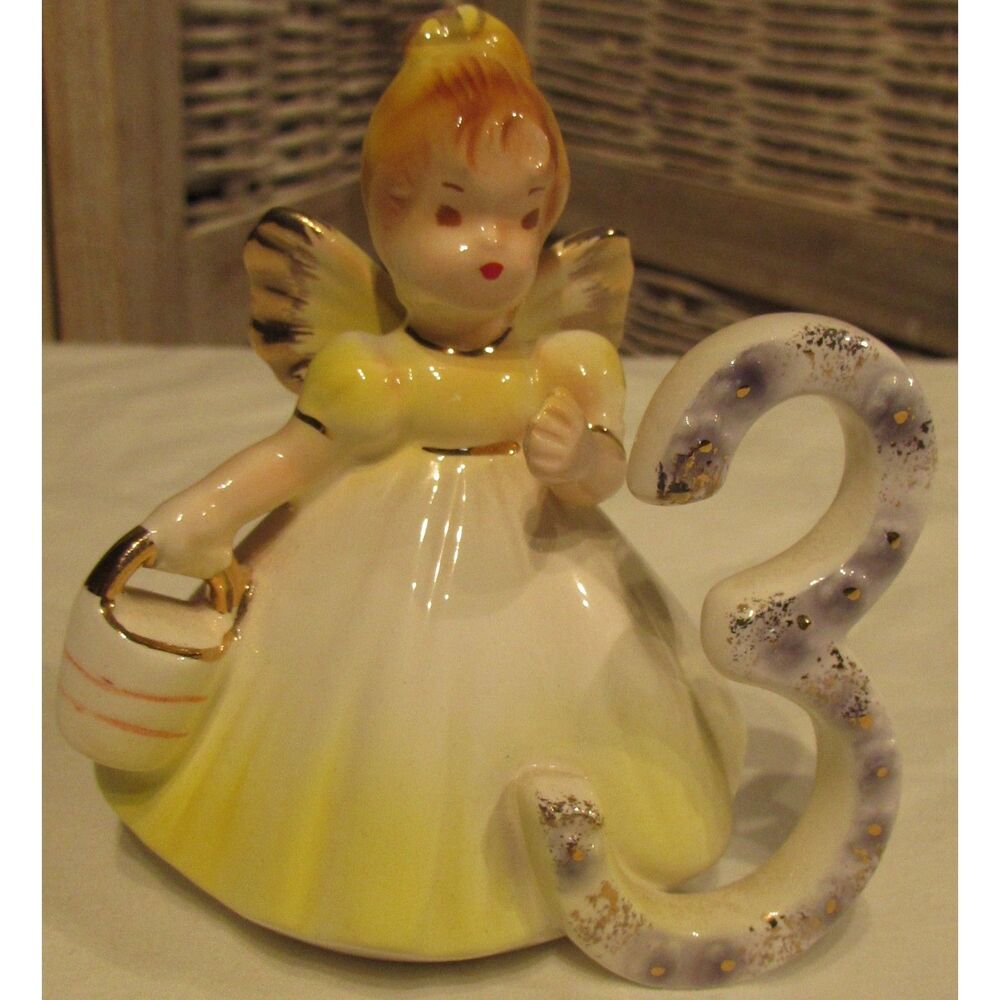 Josef Originals 3rd birthday angel figurine 3 years old bucket yellow ceramic